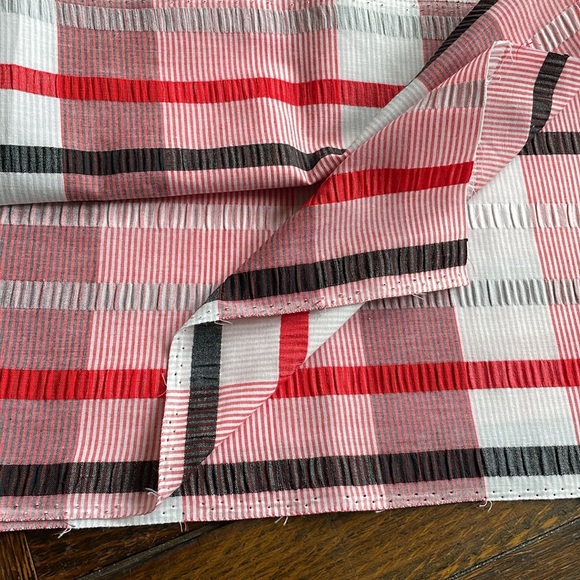 Fabric remnant: red, white, black large abstract plaid, seersucker stripes - Picture 2 of 10